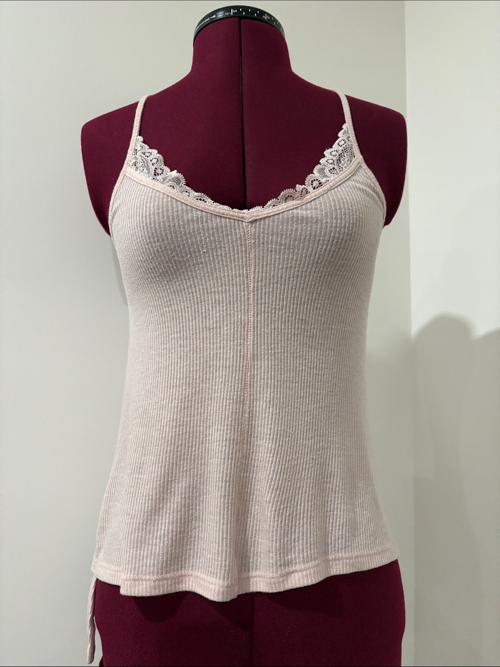 Lace Trim Ribbed Cami Tank - Light Pink